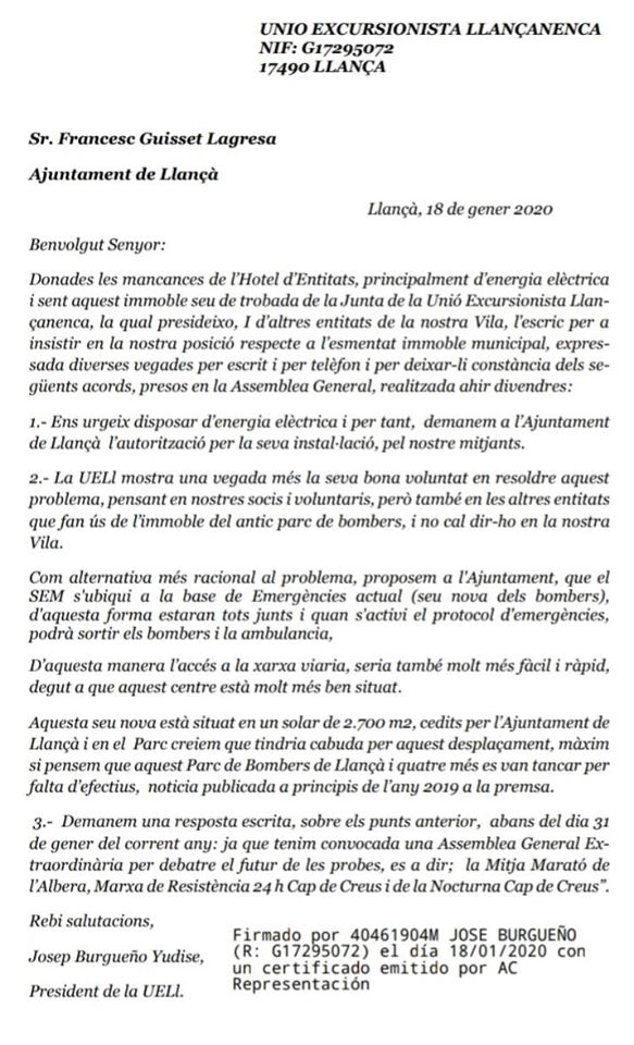 Carta del president de la UELL a l’alcalde